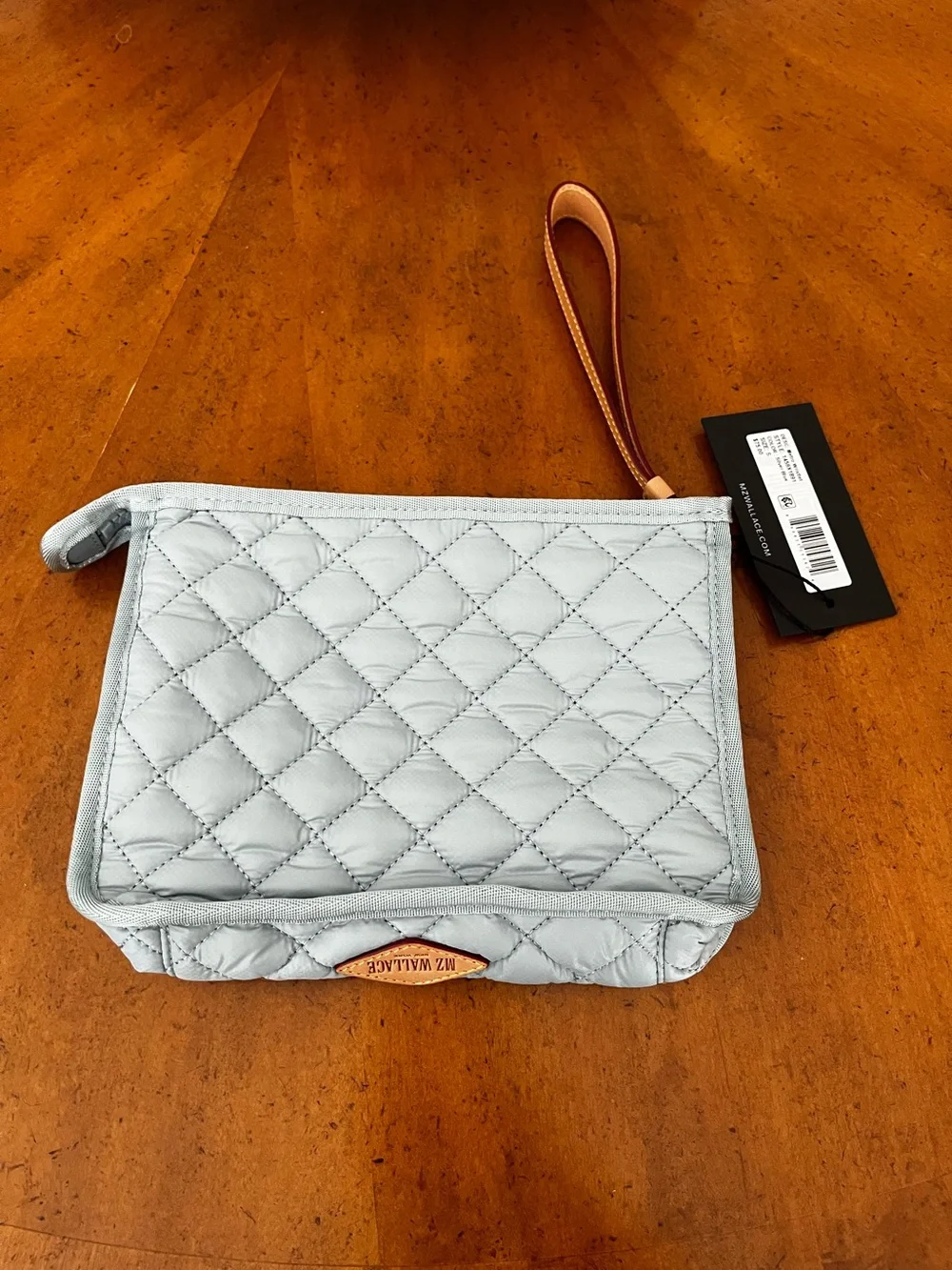 MZ Wallace Quilted Wristlet in Pale Gray with Tan Strap New With Tags